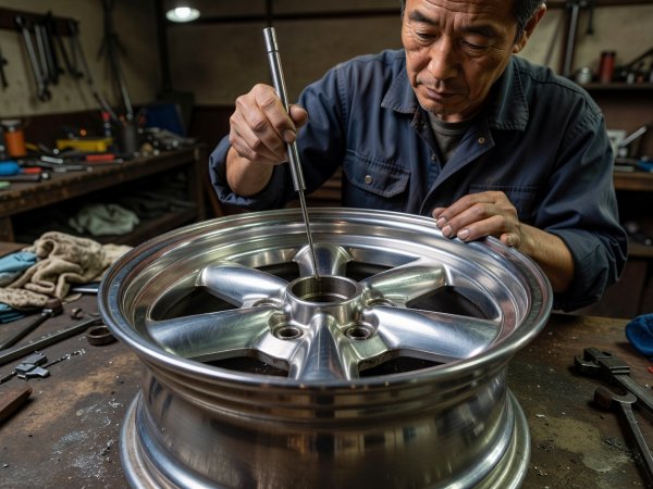 Japanese mechanic measuring the deep polished aluminum barrel of a 14-inch vintage four-spoke wheel