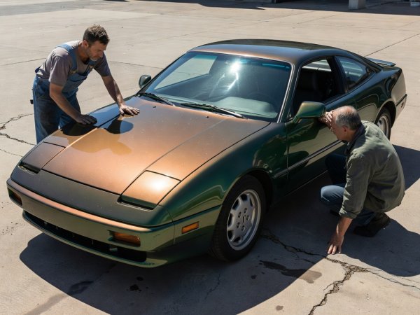 Custom coupe painted in bronze-to-emerald interference pigment examined by builders in outdoor sunlight