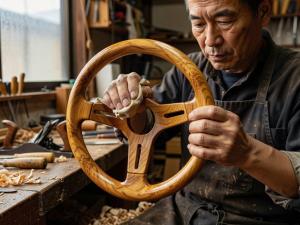 Woodworker hand-rubbing oil finish onto a small-diameter Japanese zelkova wood steering wheel with three slotted spokes