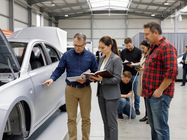 Two automotive researchers with notebooks discussing fender-to-door alignment with a builder in daylight
