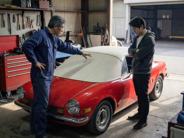 Two owners in Nagoya examining a custom fiberglass fastback hardtop fitted to a compact 660cc roadster