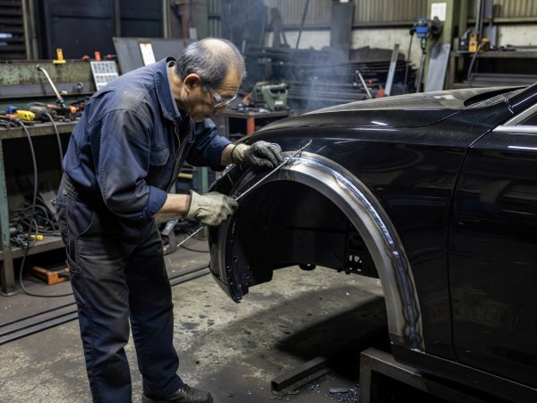Metal craftsman in Osaka checking the contour of a hand-welded steel wheel arch on a black luxury sedan