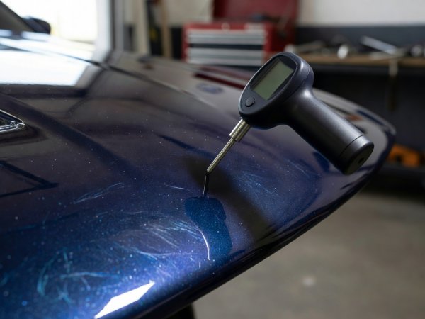 Close view of a digital coating thickness gauge held beside a custom painted hood panel