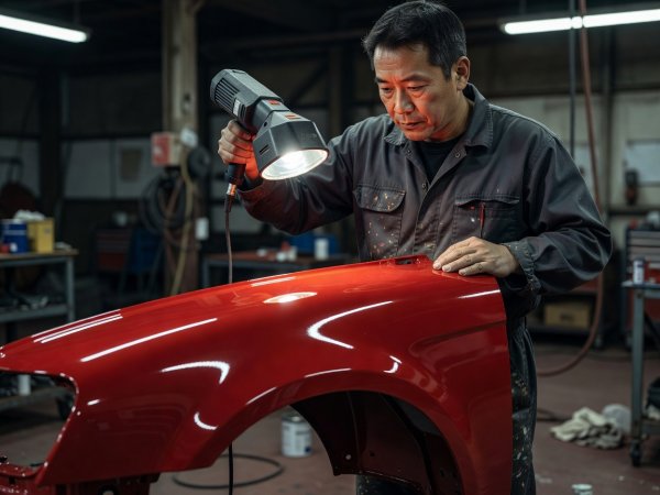 Japanese painter holding a sun-gun inspection lamp over a deep vermilion red custom painted fender