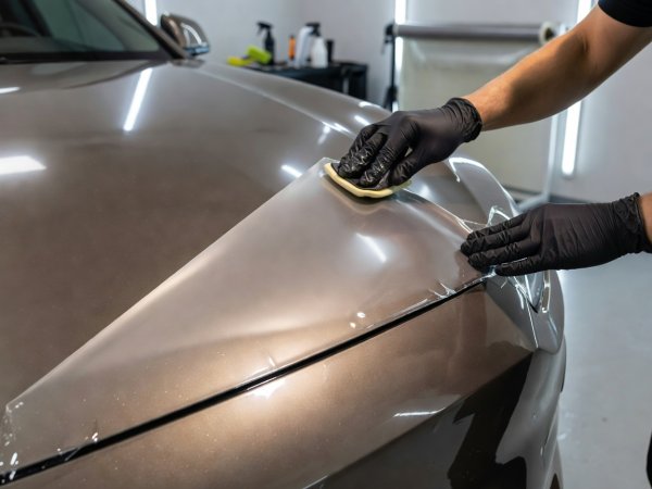 Detailer wrapping edges of a satin protective polyurethane film over a warm pewter metallic hood