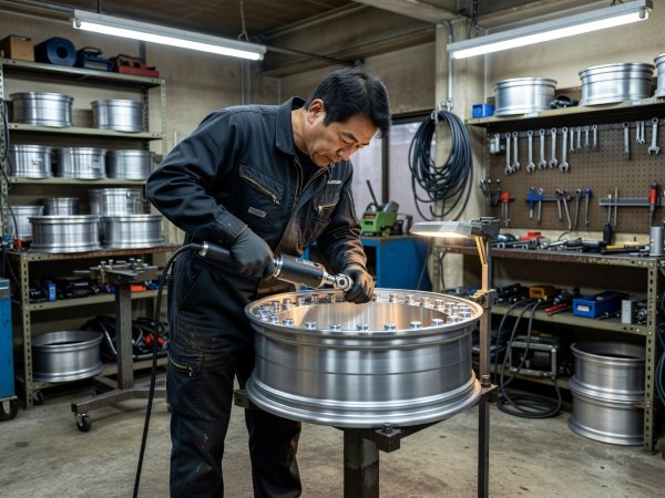 Technician in an Osaka wheel shop torqueing titanium assembly bolts on a three-piece step-lip rim